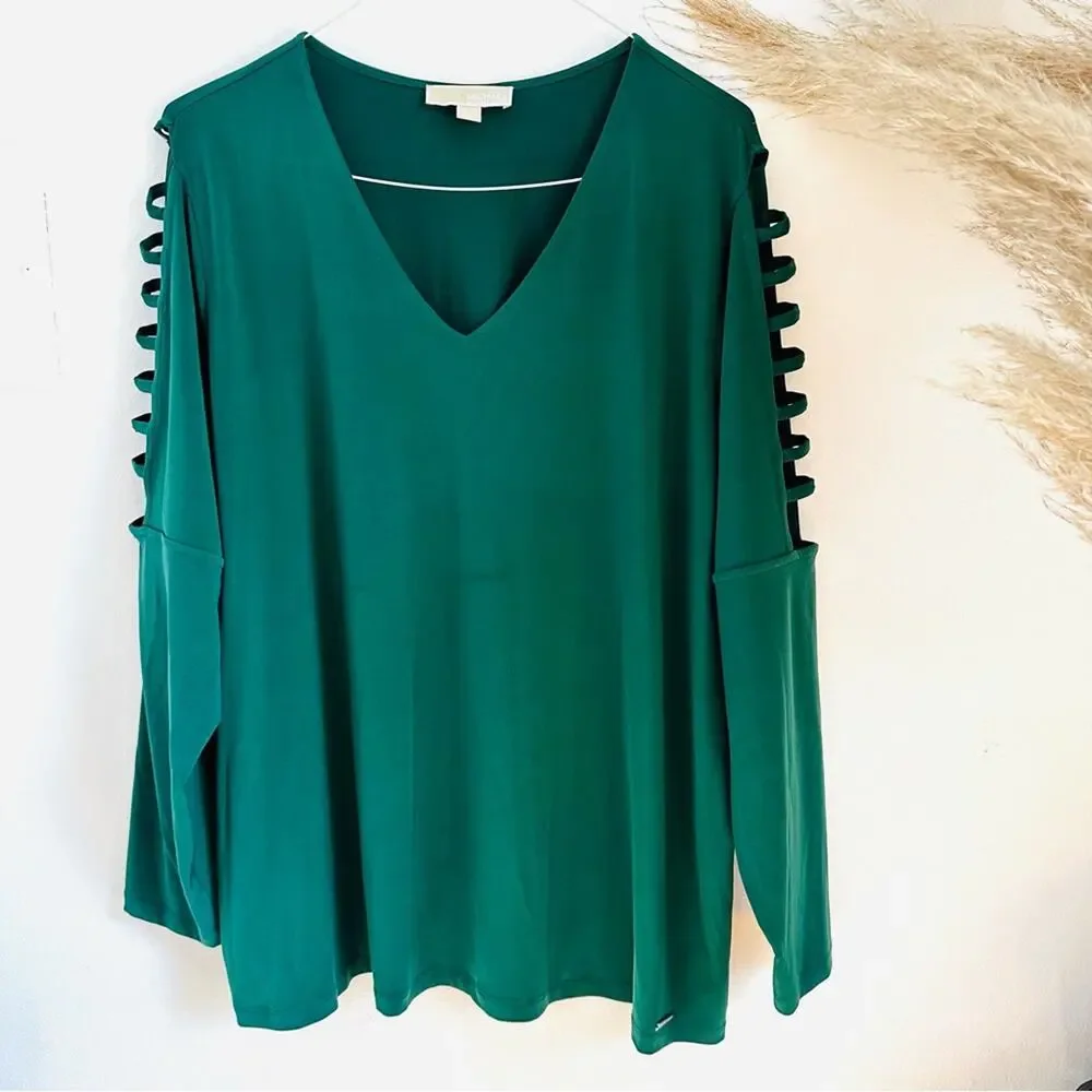 MICHAEL KORS Emerald Green Square Cutout Long Sleeve Tunic Blouse Top Shirt 3X